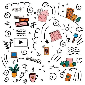 Cute doodle, camera computer books at home Stock Illustration