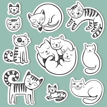Cute  doodle cats with different emotions. Illustrazione stock