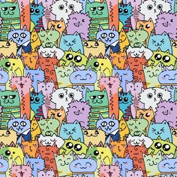 Cute doodle cats seamless pattern. Great for coloring book, wrapping, printin Stock Illustration