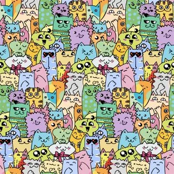 Cute doodle cats seamless pattern. Great for coloring book, wrapping, printin Stock Illustration