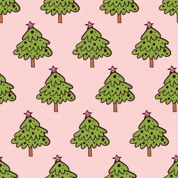 Cute doodle childish tree background. Pastel Christmas pattern. Stock Illustration