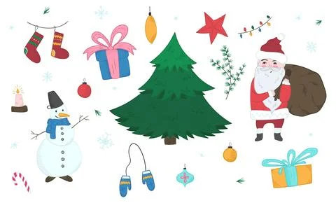 Cute doodle Christmas elements set Stock Illustration