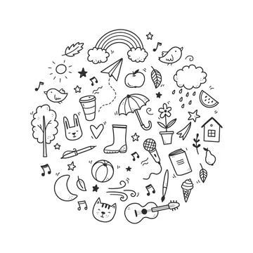 Cute doodle with cloud, rainbow, sun, animal Stock Illustration