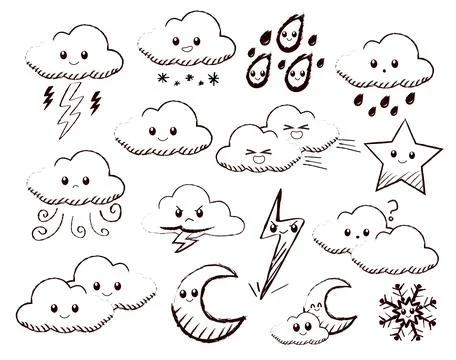 Cute Doodle Clouds, Stars, Moons &amp; Weather Elements Vector Illustration Illustrazione stock