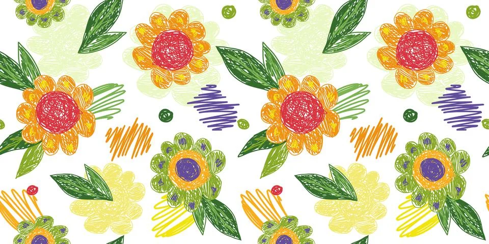 Cute doodle flowers seamless pattern on white background. Creative decorative Stock Illustration