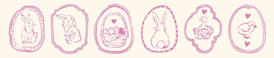 Cute doodle frame set, Easter spring holiday border, whimsical childish Stock Illustration