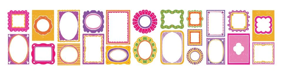 Cute doodle frames, hand drawn groovy cartoon border set, colorful ornamental 库存插图