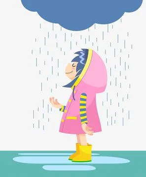 Cute doodle girl under rain Stock Illustration
