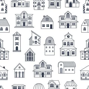 Cute doodle homes seamless pattern. Tiny houses, line architecture elements Stock Illustration