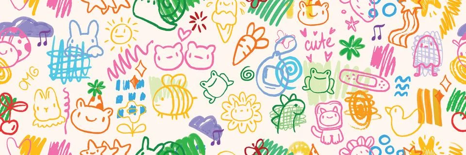 Cute doodle kid seamless pattern, vector childish hand drawn texture 库存插图