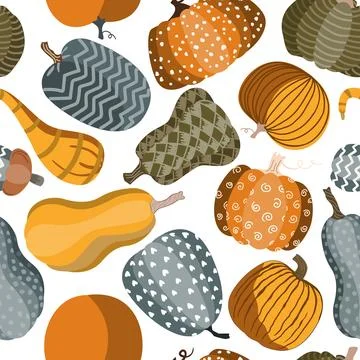 Cute doodle painted pumpkins seamless pattern. Halloween, Autumn, or Thanksgi Stock Illustration