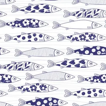 Cute doodle painted sardines in ocean waves seamless patten. Portugal backgro Stock Illustration