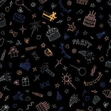 Cute doodle party background. Hand drawn Birthday seamless pattern. Happy B.. Stock Illustration