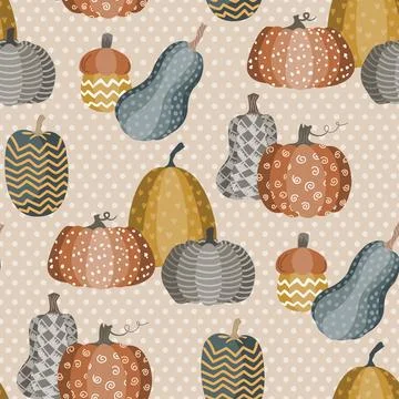 Cute doodle pumpkins seamless pattern on polka dot beige background. Halloween Stock Illustration