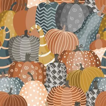 Cute doodle pumpkins seamless pattern. Halloween or Thanksgiving day background Stock Illustration