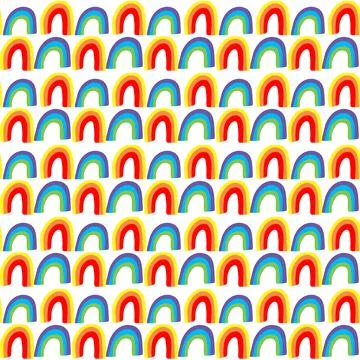 Cute doodle rainbows seamless pattern red, orange, yellow, green, blue, viole Stock Illustration