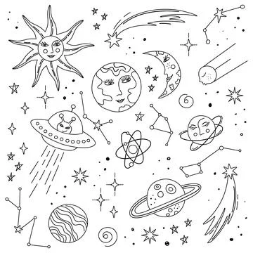 Cute doodle retro Space set. Cosmic bundle. Illustrazione stock