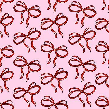 Cute doodle seamless pattern with beautiful hand-drawn red bow Stock Illustration