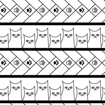 Cute doodle seamless pattern with cats and paws Stock Illustration