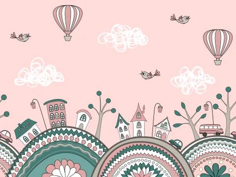 Cute doodle seamless pattern. City hills イラスト素材