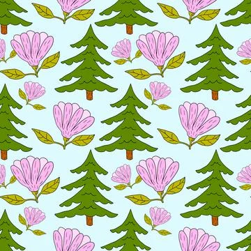 Cute doodle seamless pattern with primrose and spruce. Stock Illustration