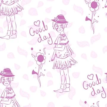 Cute Doodle Sketch Repeat Vector Pattern With 'good Day' Text In Pink And Whi Stock Illustration