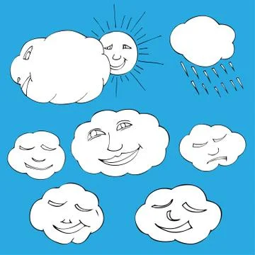 Cute doodle of sky elements: sun, clouds. Vector illustration イラスト素材