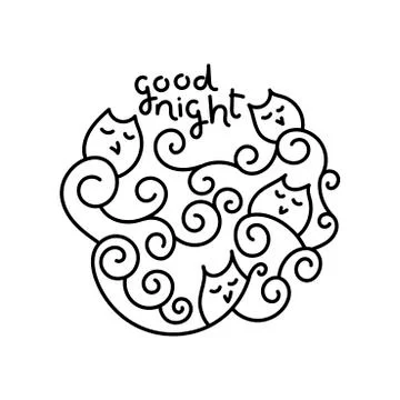 Cute doodle sleeping owls on branches in the form of spiral. Good night the I Stock Illustration