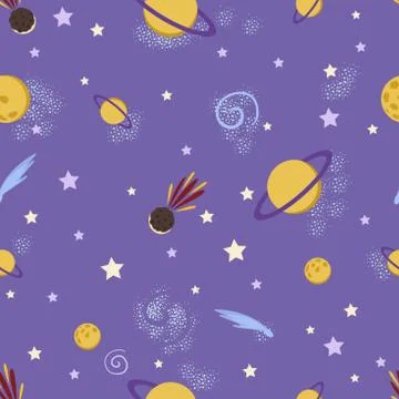 Cute doodle space seamless pattern. Cosmic background with stars, planets. Stock Illustration