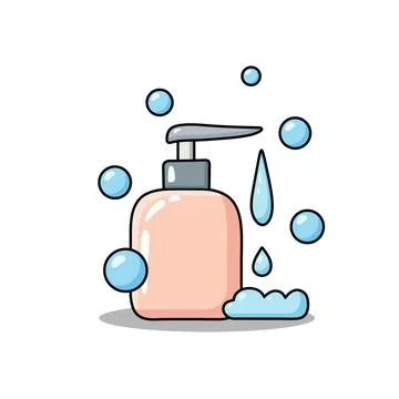 Cute doodle-style vector illustration of a soap dispenser with bubbles, dro.. Stock Illustration