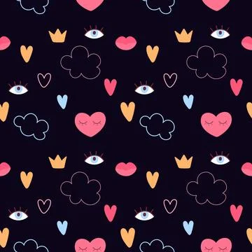 Cute doodle style vector pattern with clouds, hearts, crowns, lips and eyes Stockillustratie