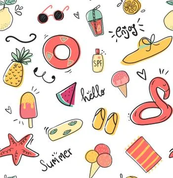 Cute doodle summer collection pattern seamless flat vector illustration Stock Illustration