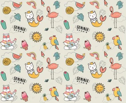 Cute doodle summer collection pattern seamless flat vector illustration 스톡 일러스트