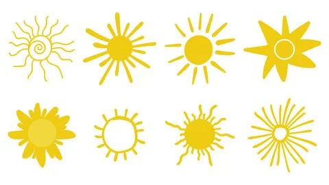 Cute doodle sun shining set isolated on white background. Stock Illustration