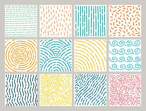 Cute doodle textures. Abstract patterns, hand drawn dashes, twisting, straight Illustrazione stock