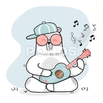 Cute doodle white bear wears cap plays guitar Stock Illustration
