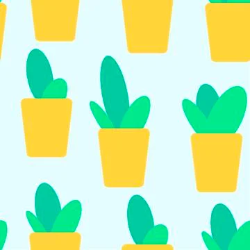 Cute doodles cactus seamless pattern. Yellow pot. Vector illustration. 스톡 일러스트