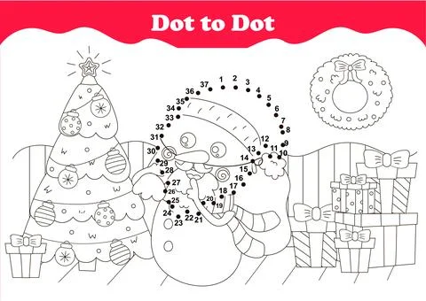 Cute dot to dot game for kids with snowman character with Christmas bag with Stock Illustration