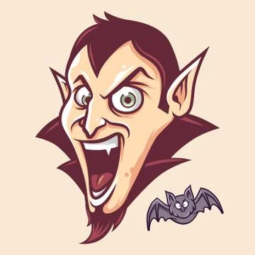 Cute Dracula Head and Bat Illustration Vector in Cartoon Style Illustrazione stock