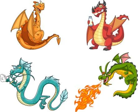 Cute Dragon Cartoon Characters. Vector Hand Drawn Collection Set Ilustración de archivo