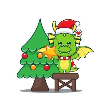 Cute dragon decorating the Christmas tree on Christmas day Stock Illustration