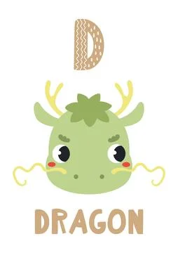 Cute dragon face, letter D, text, illustration isolated Stock Illustration