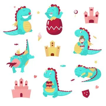 Cute dragon icon set, vector isolated illustration Stock Illustration