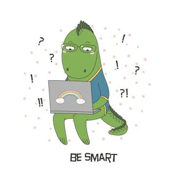 Cute dragon with a laptop Stockillustratie