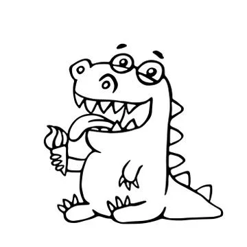 Cute dragon licks plombir. Vector illustration. Stock Illustration