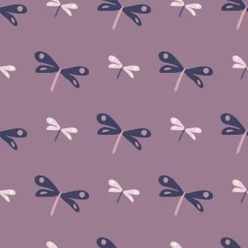 Cute dragonfly seamless pattern on pink background. Simple hand drawn dragonf Illustrazione stock