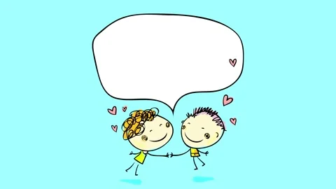 Cute drawing of two lovers about to kiss each other with a speech balloon above Stock Footage 131177628