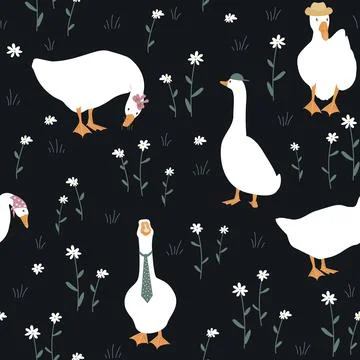 Cute dressed geese seamless pattern. Fashionable goose in a hat, tie, scarf 스톡 일러스트