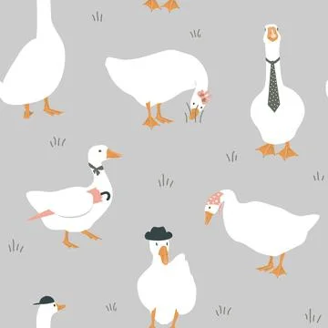 Cute dressed geese seamless pattern. Goose in a hat, tie, scarf, and with Stock Illustration