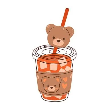 A cute drink in a cup with a bear face. It has ice cubes and a red straw with a Stock Illustration